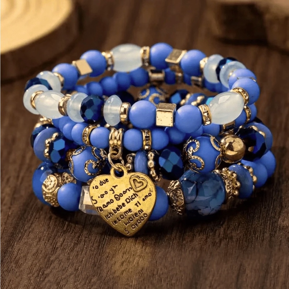 Blue Boho Heart Charm Beaded Bracelet Set NEW 🏷️